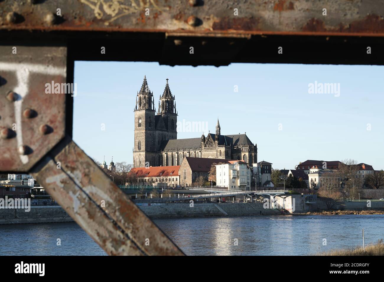 View of the bank of the Elbe at Magdeburg from the lift bridge Stock Photo