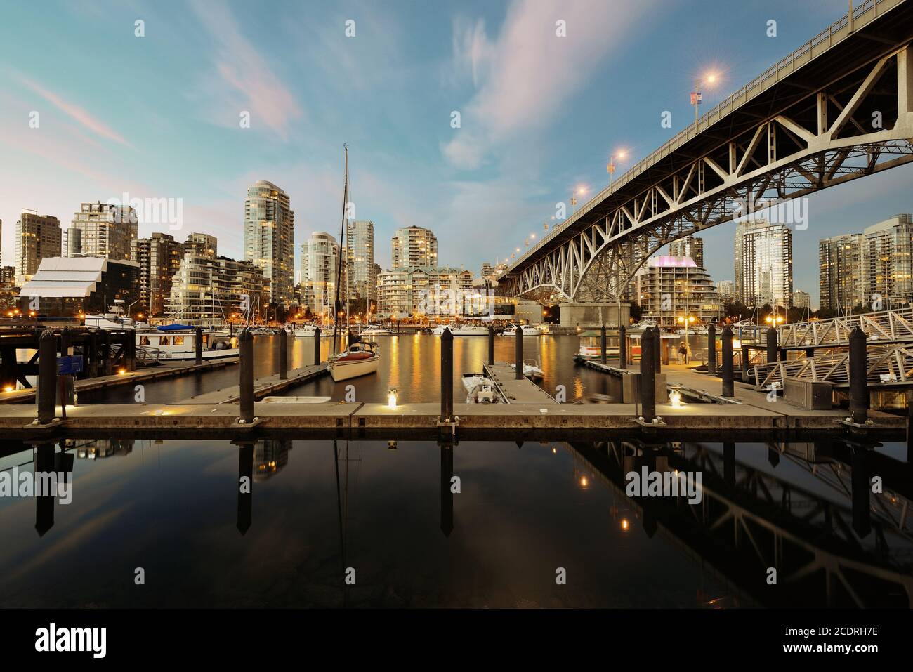 Vancouver False Creek at night with bridge and boat Stock Photo - Alamy