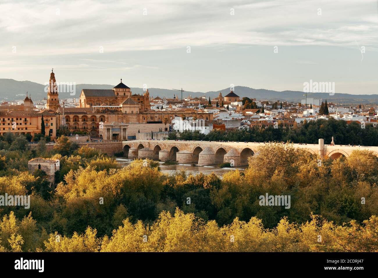 Mosque-Cathedral, ancient bridge and city skyline of Cordoba in Spain. Stock Photo