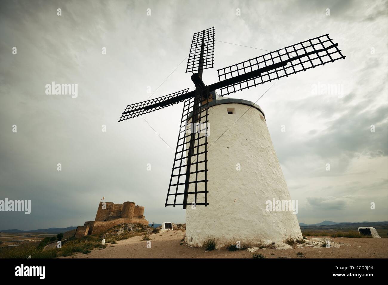 Windmill closeup view in Consuegra near Toledo in Spain Stock Photo