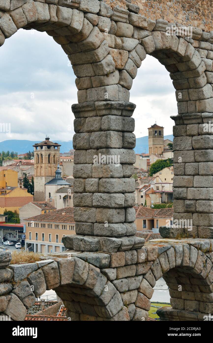 Ancient Roman aqueduct closeup view in Segovia Stock Photo - Alamy