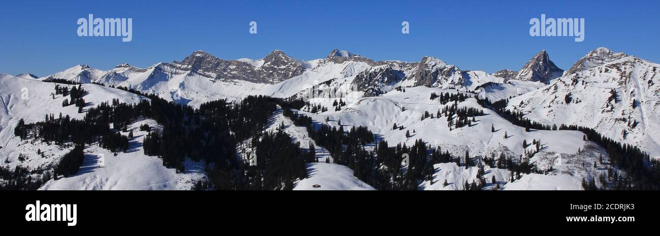 Snow covered mountain range in Vaud Canton. Stock Photo