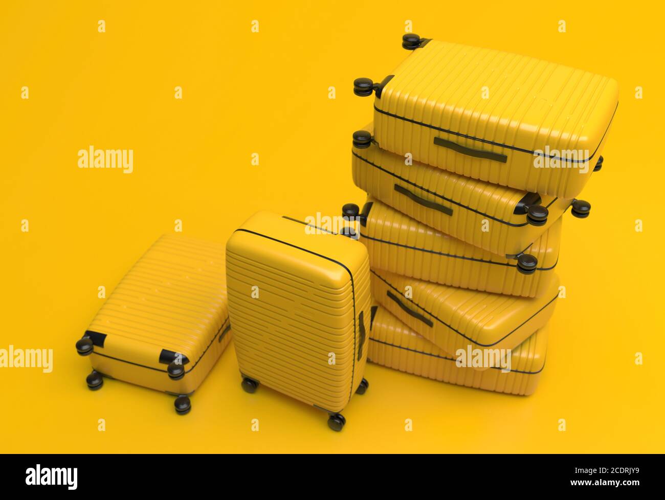 Many identical yellow suitcases on wheels stacked on top of each other. Travel bags are in a heap on a yellow background. 3D rendering illustration. C Stock Photo