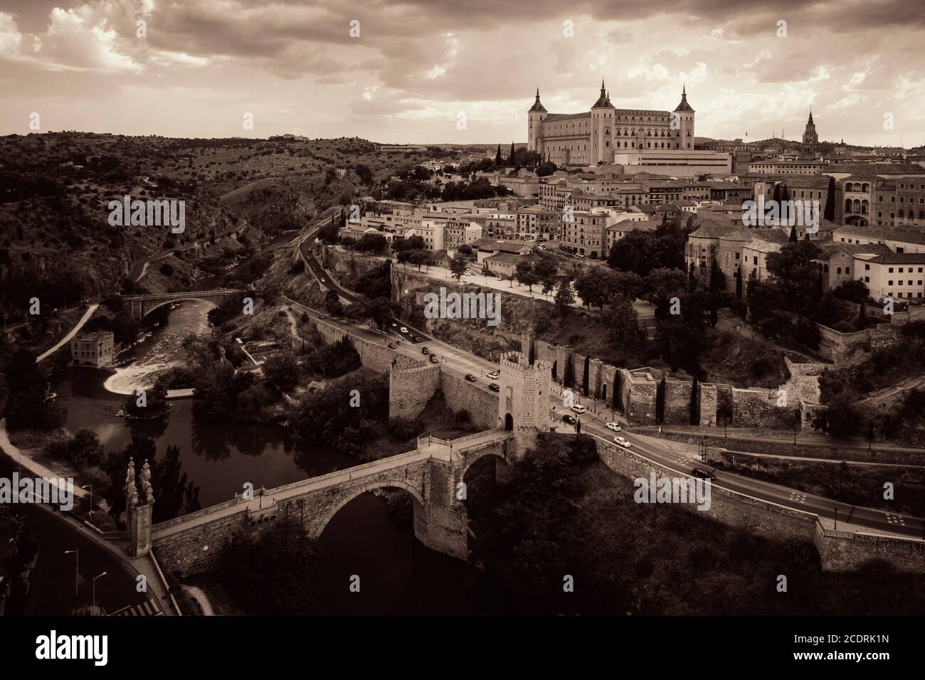 Aerial view of Toledo town skyline with old bridge in Spain. Stock Photo