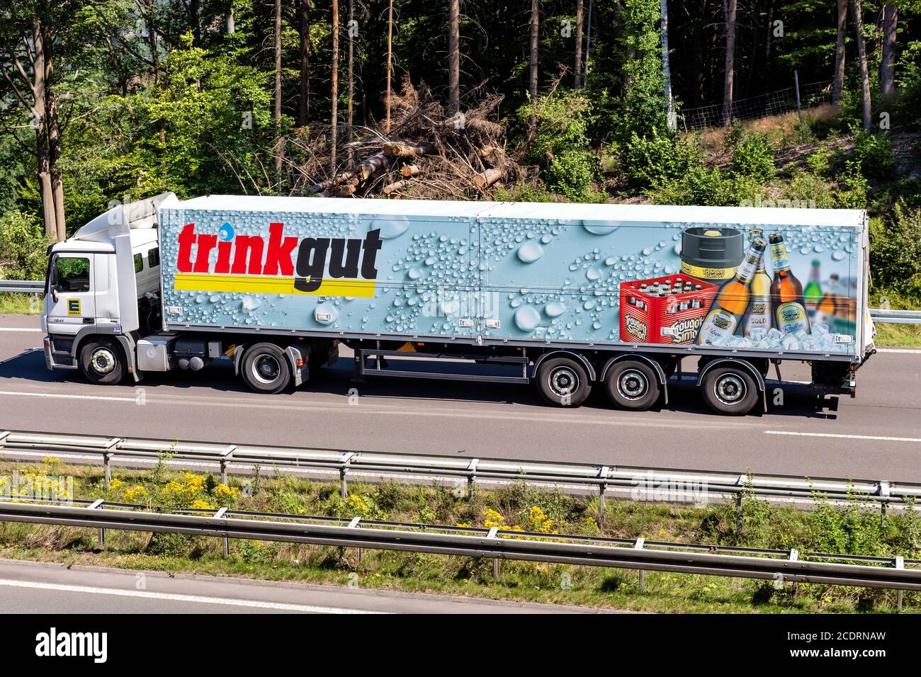trinkgut MercedesBenz beverage truck on motorway Stock Photo Alamy