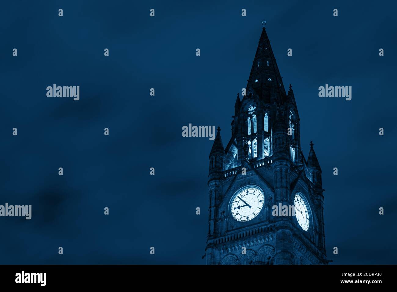 Manchester Township Town Hall clock tower closeup view in England, United Kingdom Stock Photo