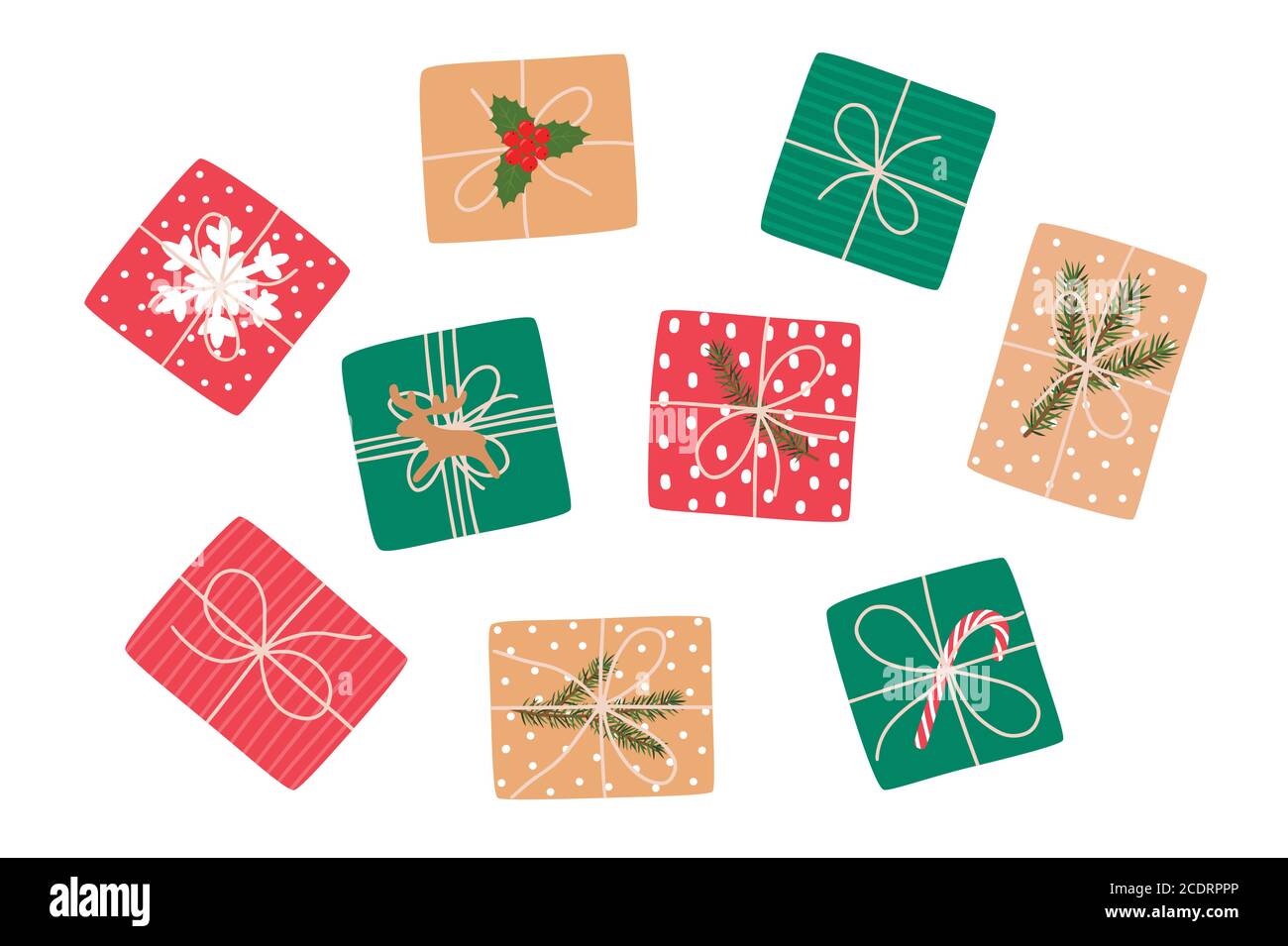 Set of Christmas gifts, top view. Vector illustration. Stock Vector