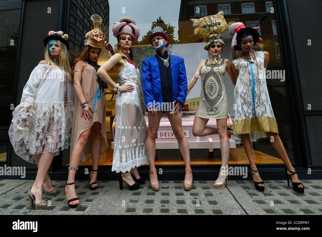 London, UK. 29 August 2020. Models take part in a flashmob fashion show in Sloane Street, Knightsbridge, for designer Pierre Garroudi. Credit: Stephen Chung / Alamy Live News Stock Photo
