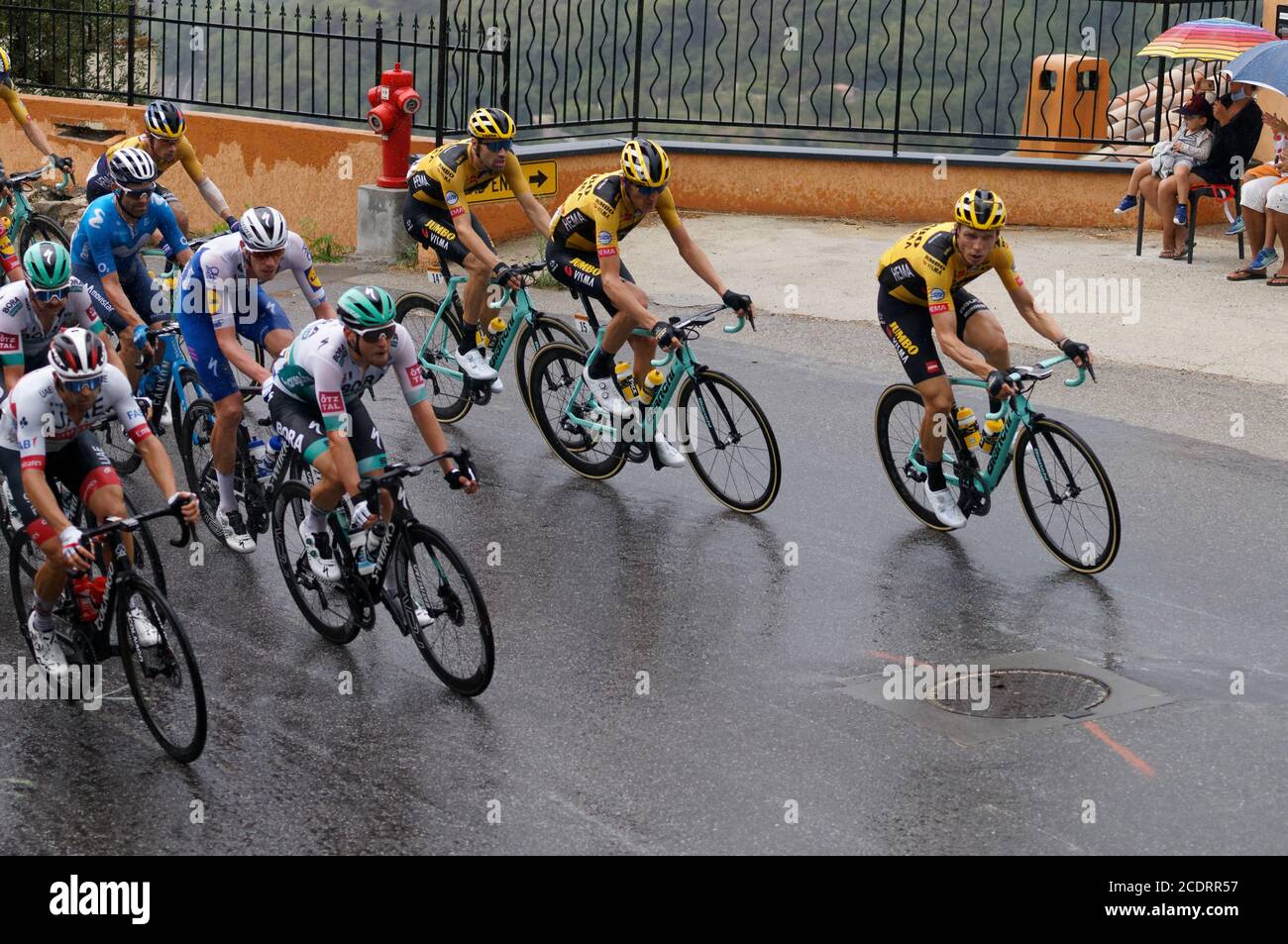 NICE - AUGUST 29 : The TOUR 2020  (Tour de France) - ASPREMONT-Pack under downpour Stock Photo