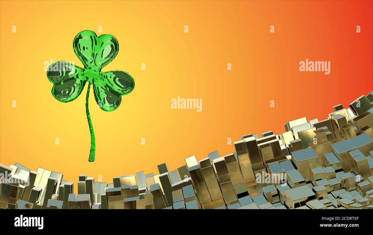 St. Patrick's Day 3d effect clover over abstract mountain landscape background of metal boxes. Decorative greeting postcard with Stock Photo