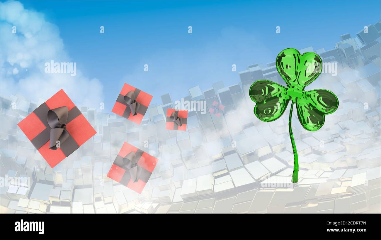 St. Patrick's Day 3d clover over abstract mountains landscape background of metal boxes and flying gift boxes. Decorative greeti Stock Photo
