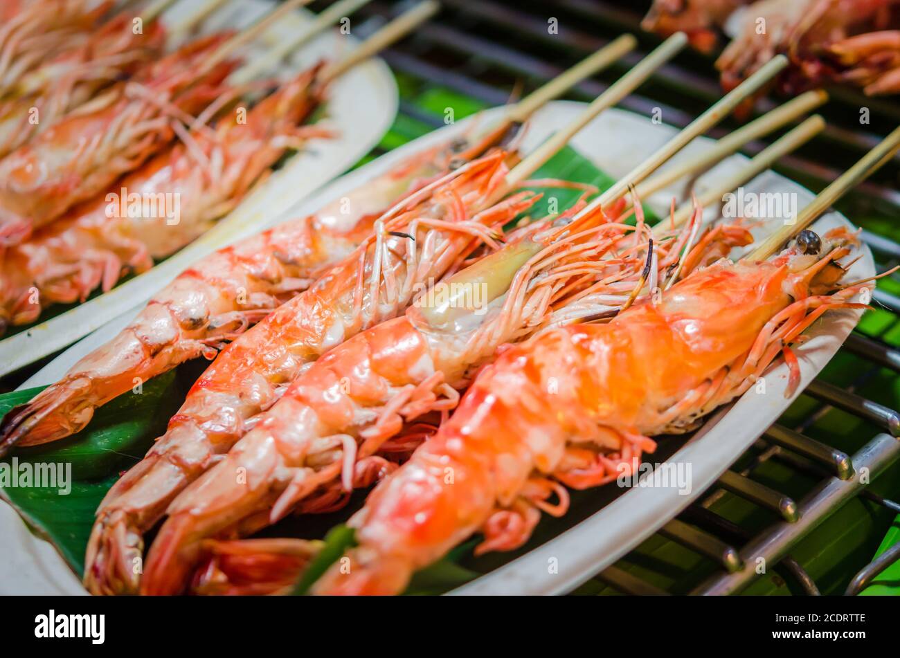 Grilled shrimp wooden skewer Stock Photo