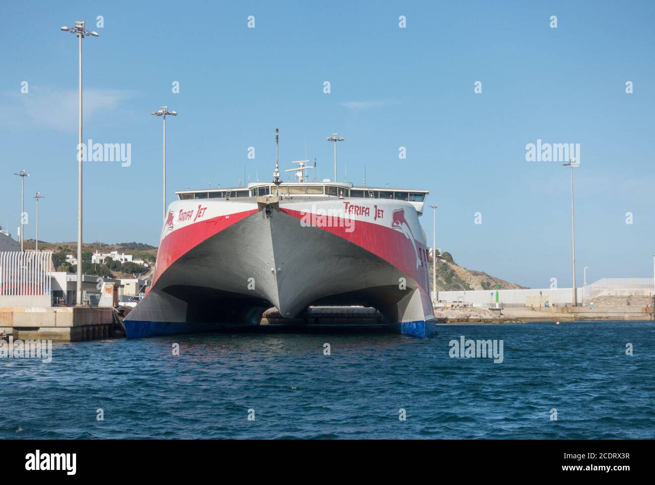 Tarifa Spain. Tarifa Jet, fast catamaran ferry, in Port of Tarifa, Costa de la luz, Spain. Stock Photo