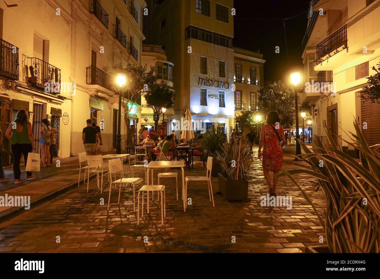 Tarifa Spain, Street view at night with bars and terraces during Covid Pandemic., Andalusia, costa de la luz, Spain. Stock Photo