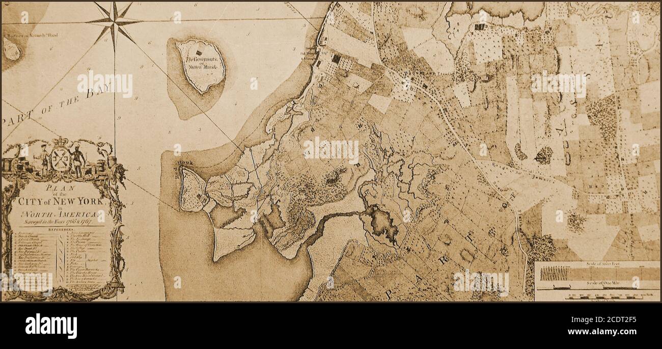 An old map of New York City , USA in 1767. Prominent is Governors Island which originally had the native Lenape inhabitants name of Paggank  meaning nut island. The name was translated into the Dutch Noten Eylandt, then Anglicized into Nutten Island .It became a military island between 1776 and 1996, particularly in the   the American Revolutionary War, when Continental Army troops raised defensive works on the island. It has also served as a United States Coast Guard installation/ Stock Photo