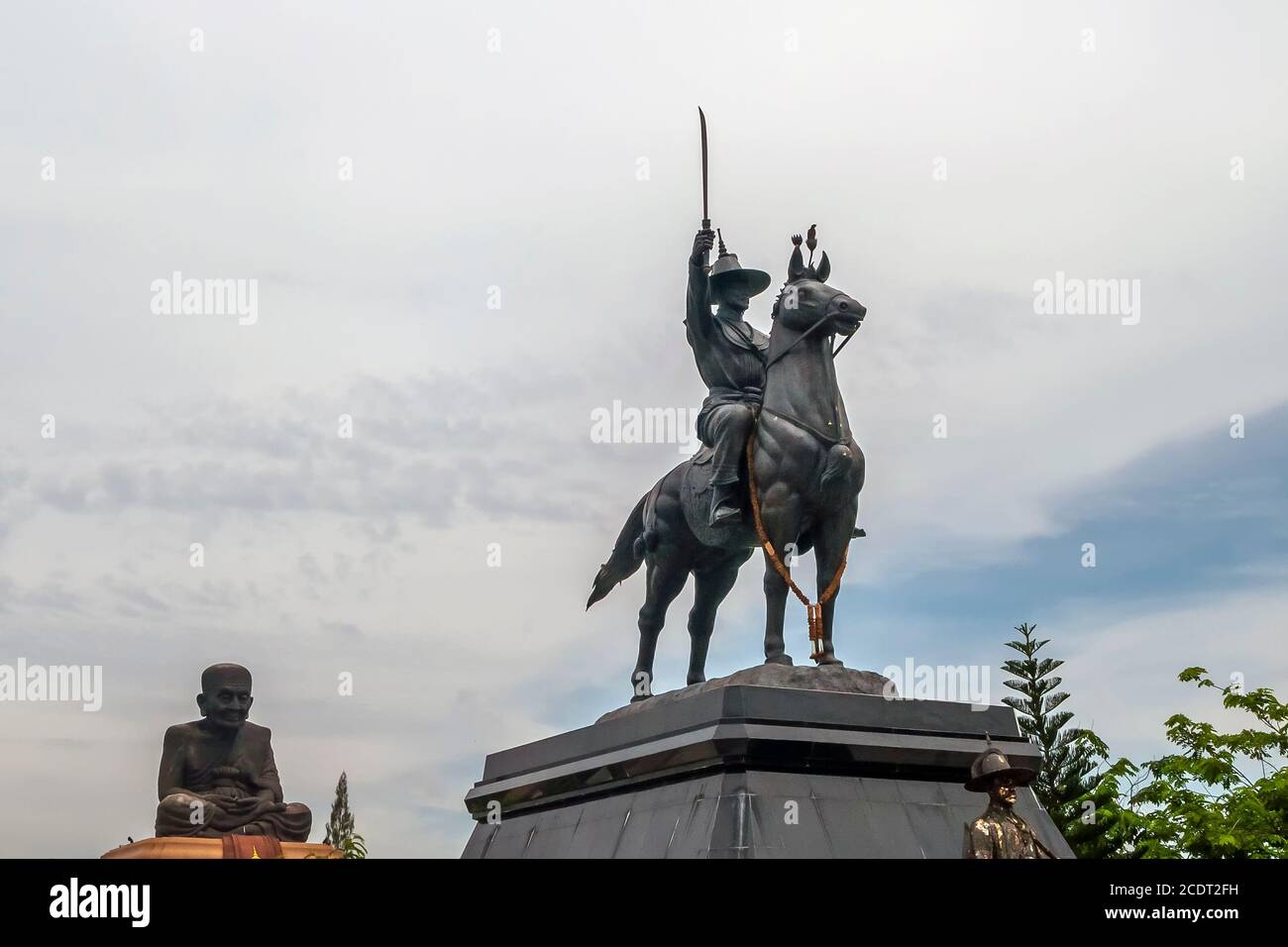 King Taksin the Great on horseback and Luang Phor Thuad in Wat Huay Mongkol a Buddhist temple in Thap Tai, Hua Hin District, Thailand Stock Photo