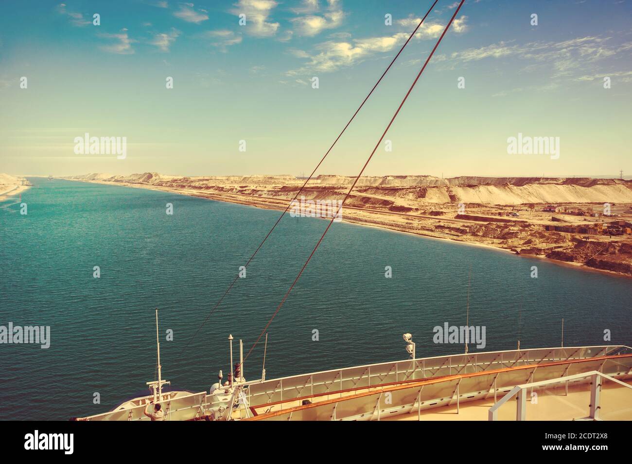 The Suez Canal - a ship drives in the new eastern extension canal Stock Photo