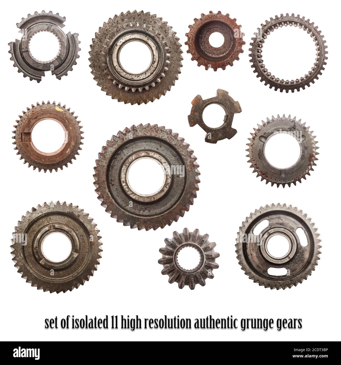 Grunge gear, cog wheels isolated on white. Industry, science, cut-out elements. Stock Photo