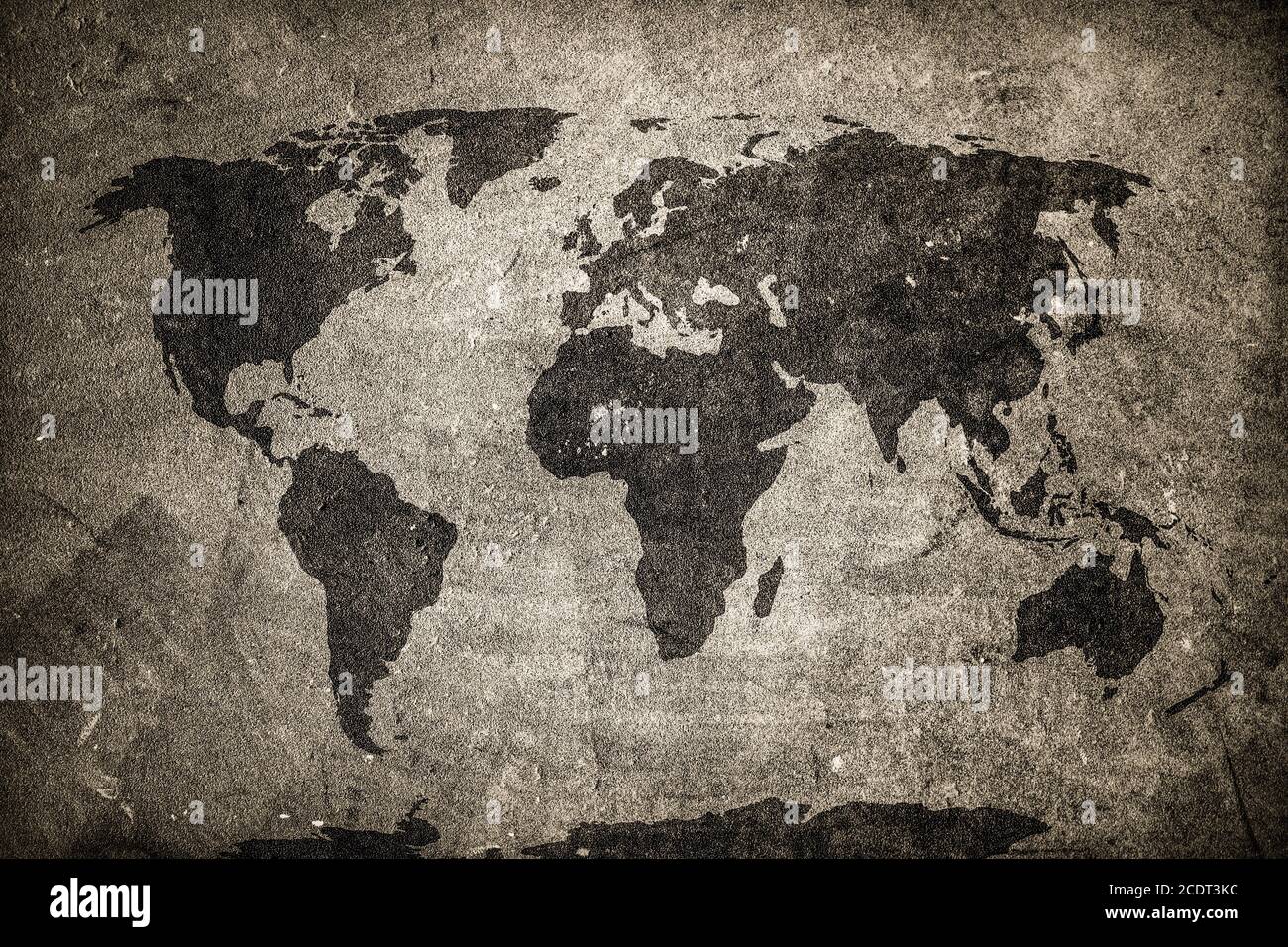 Retro world map on concrete, plaster wall. Vintage, grunge background. Stock Photo
