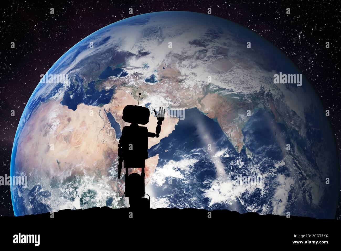 Robot looking on the planet Earth from space. Technology concept, artificial intelligence Stock Photo