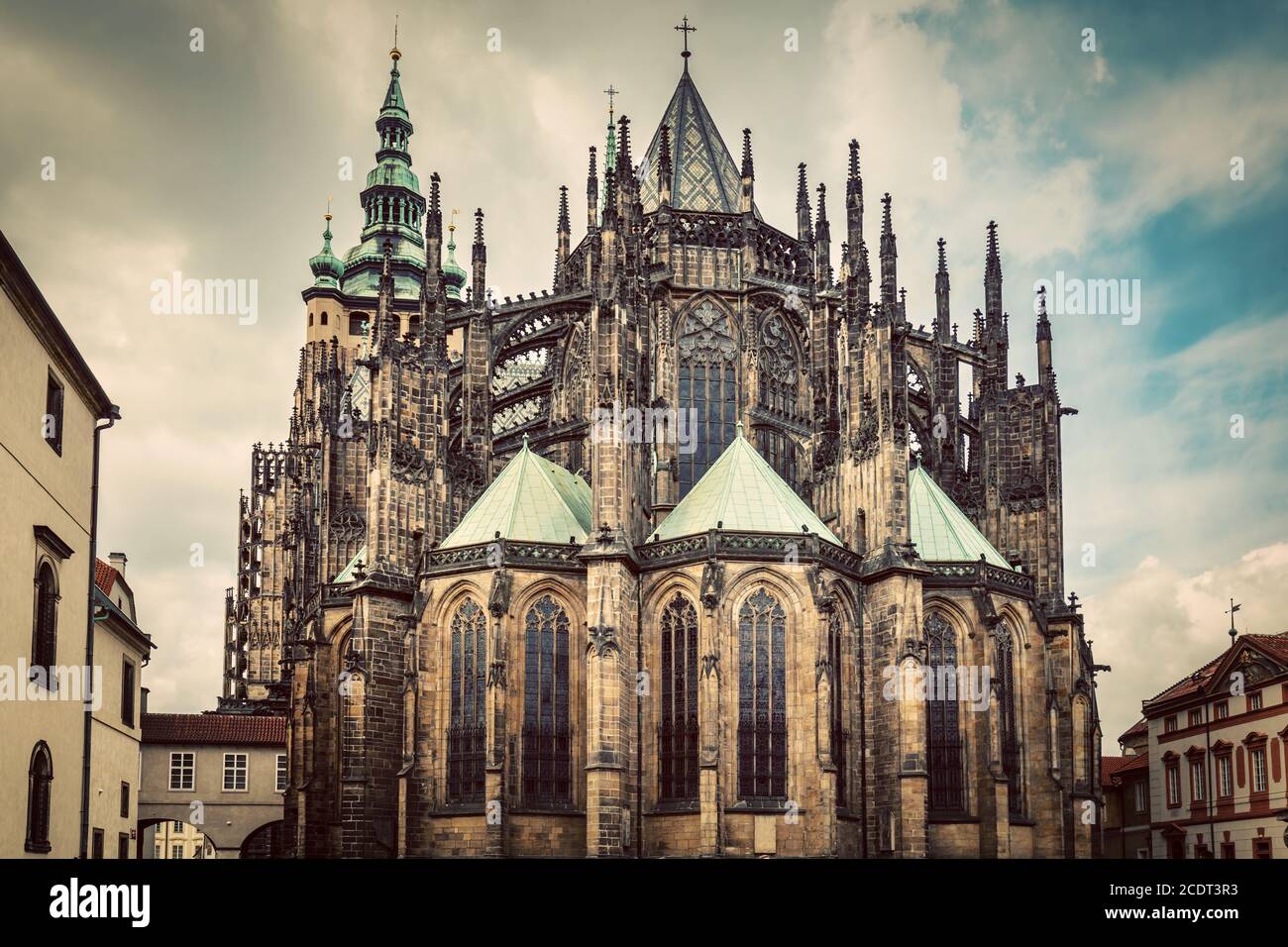 St. Vitus Cathedral, Prague, Czech Republic. Wide angle. Vintage Stock Photo