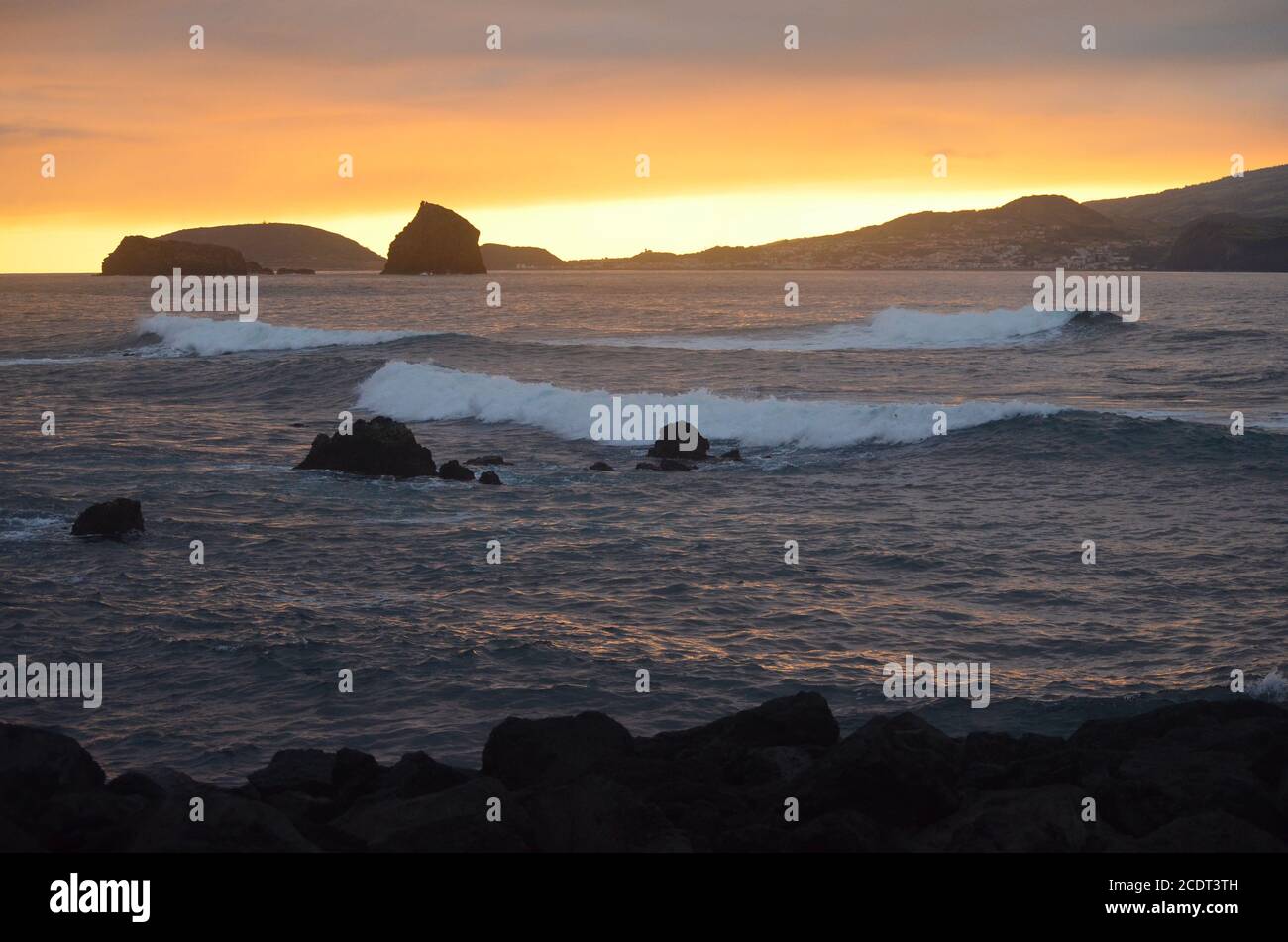 Ilheus da Madalena, two rocky islets off the coast of Pico island, Azores archipelago Stock Photo