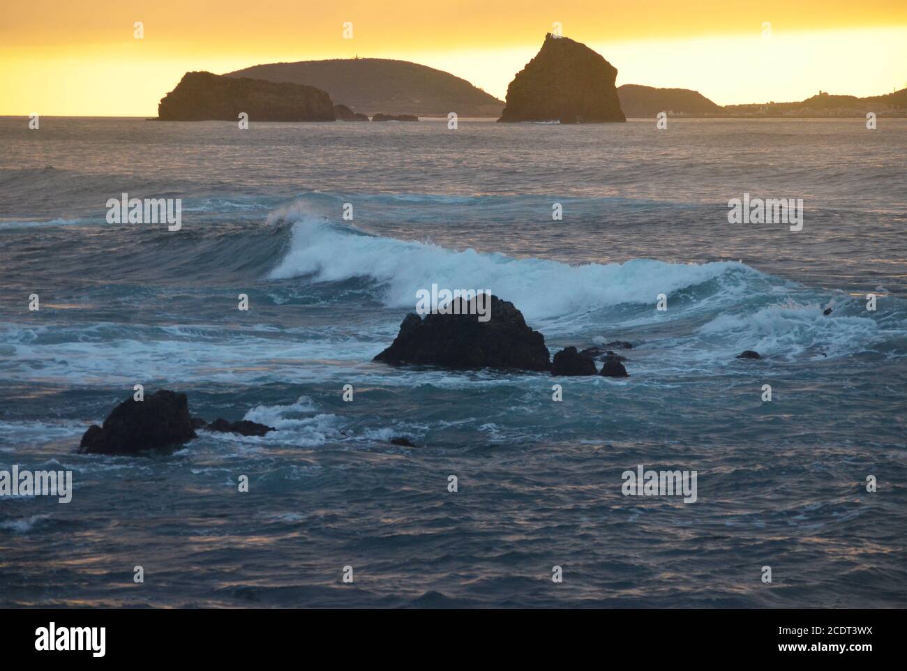 Ilheus da Madalena, two rocky islets off the coast of Pico island, Azores archipelago Stock Photo