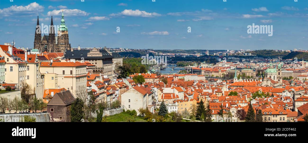 Prague, Czech Republic panorama. St. Vitus Cathedral over old town red roofs. Stock Photo