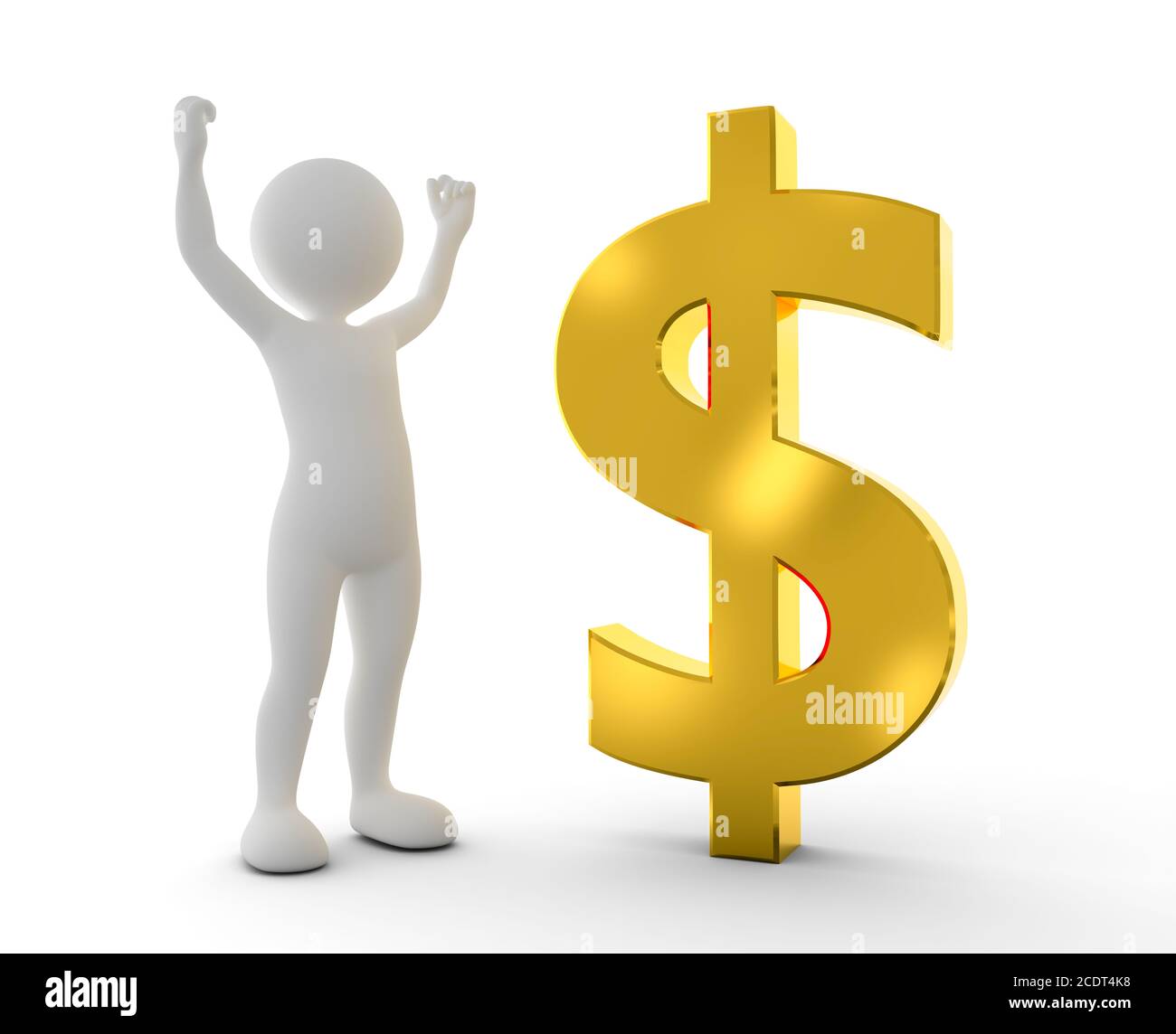 Toon happy man raising hand for a win next to gold dollar symbol Stock Photo