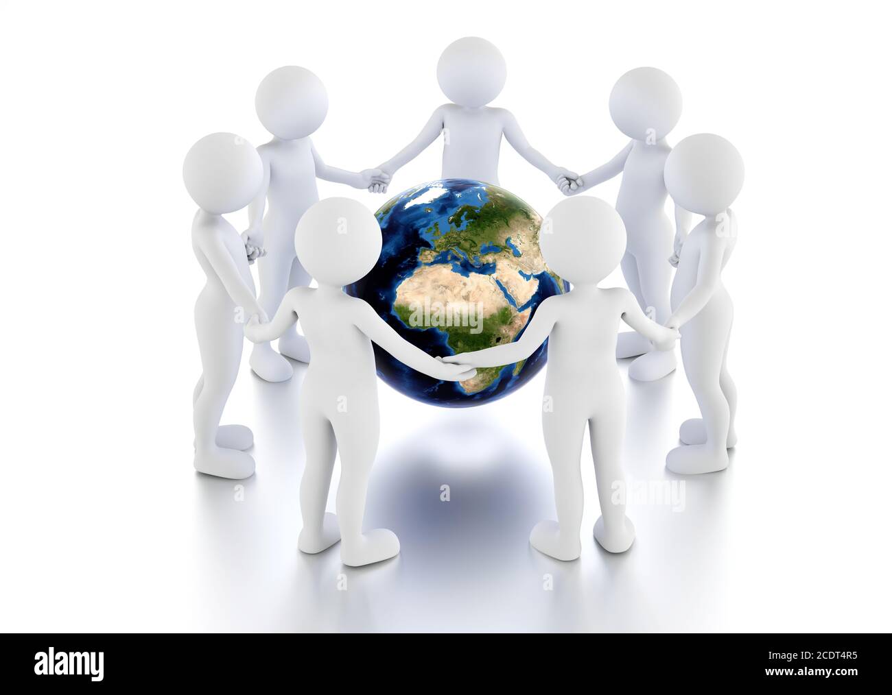 Save the earth concept. Toon men protect the globe in a circle. Stock Photo