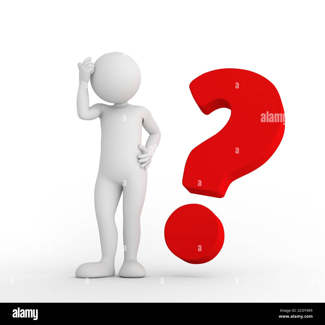 Red big question mark and toon man thinking. FAQ, ask, search concepts Stock Photo
