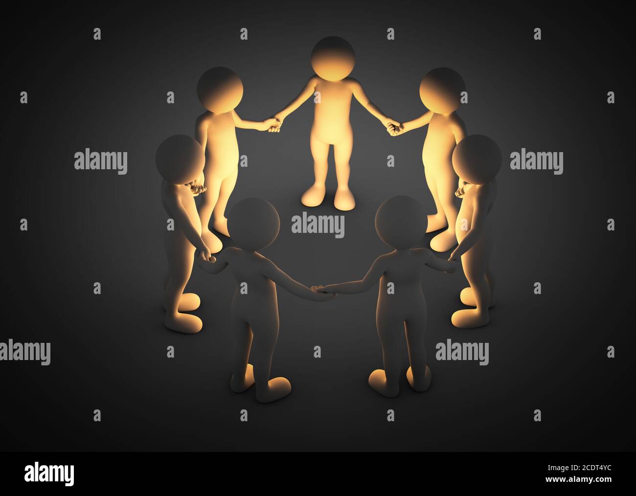 Toon men holding hands in a circle. Light shining. Brainstorm, teamwork, connection concept Stock Photo