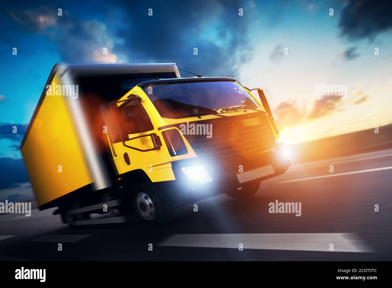 Commercial cargo delivery truck with trailer driving on highway at sunset. Stock Photo