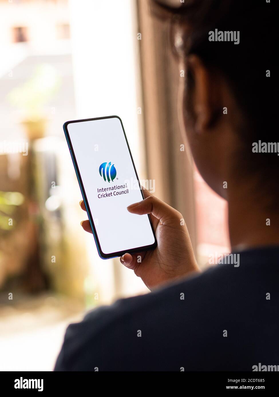 Assam, india - August 27, 2020 : ICC logo on phone screen stock image. Stock Photo