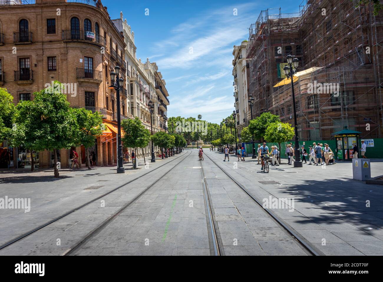 Rail lines on the street in Seville, Spain, Europe Stock Photo
