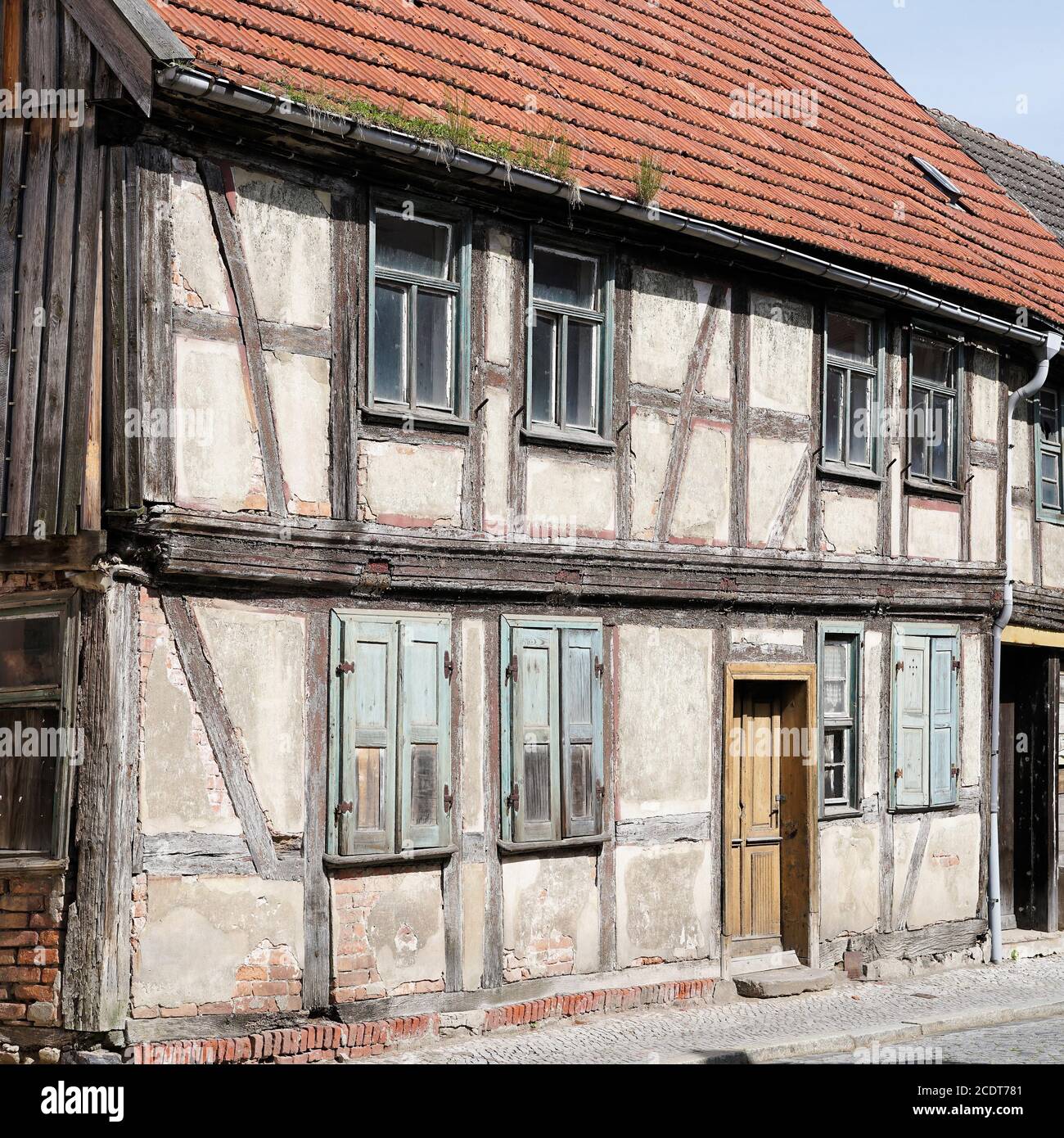 Old dilapidated unused half-timbered house in the old town of Tangermuende Stock Photo