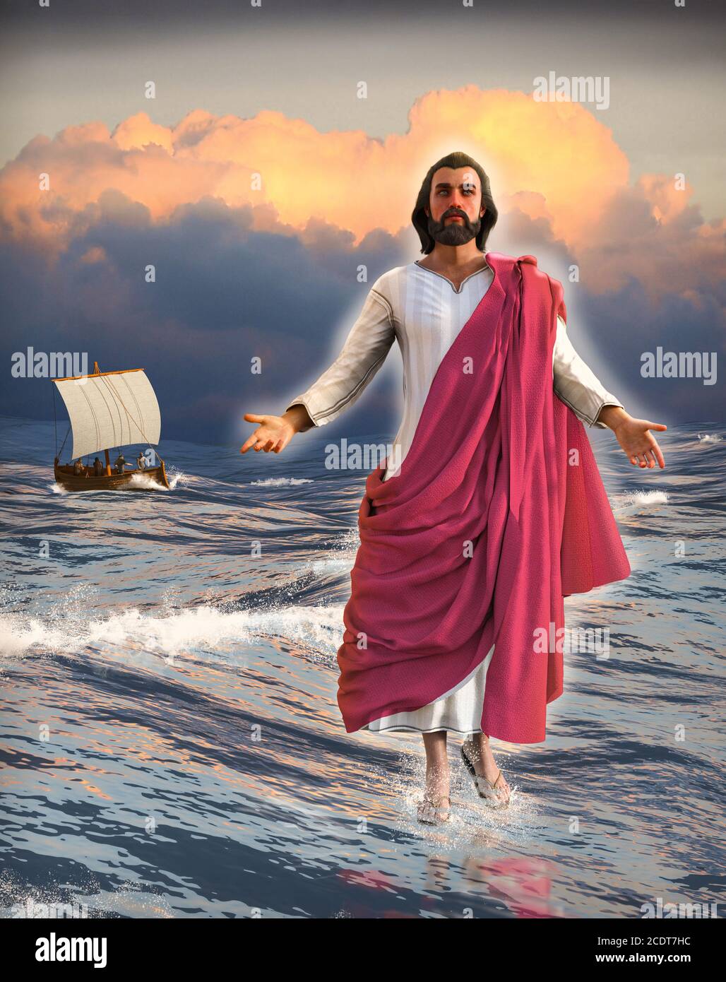 Jesus Christ walking on water of the Sea of Galilee with the disciples in a  fishing boat and a cloudy sunset in the background, 3d render Stock Photo -  Alamy