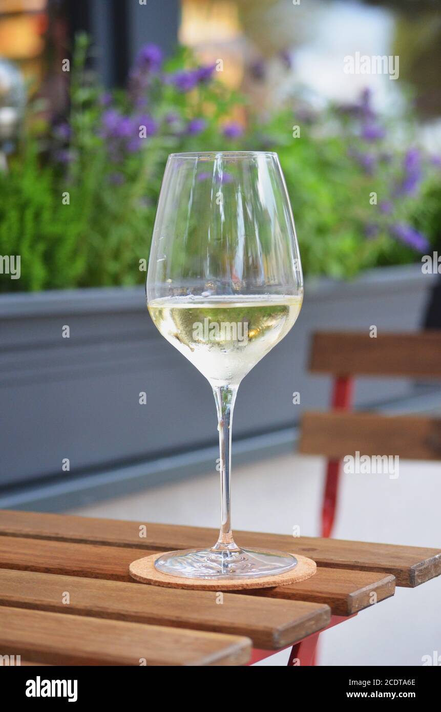 Close up of glass of white wine standing on a wooden table, flower pot in background Stock Photo