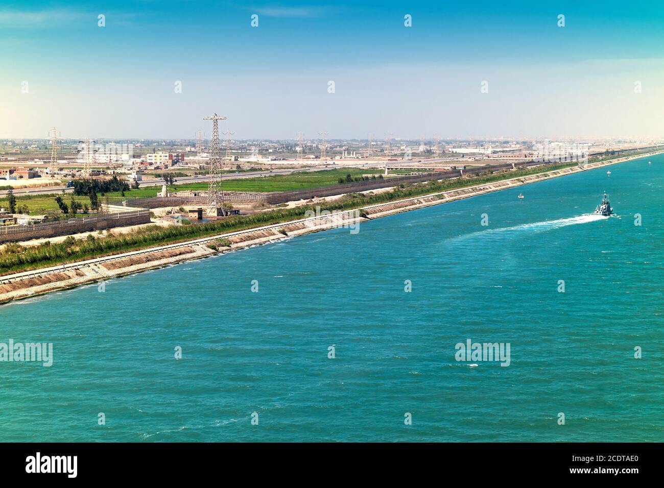 Exit from the Suez Canal into the Mediterranean along the port cities of Port Said and Port Fouad Stock Photo