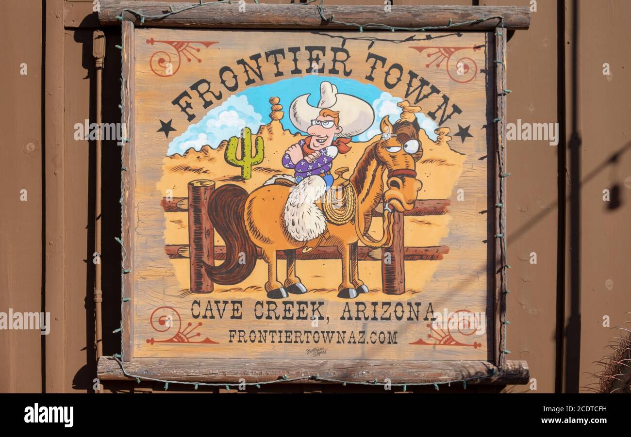 Sign for Cave Creek frontier town, Arizona, USA Stock Photo