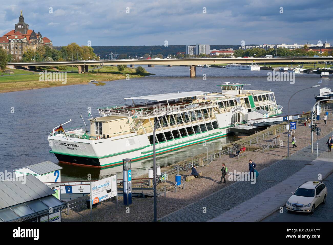 Excursion ship in the harbor of the city of Dresden on the Elbe River Stock Photo