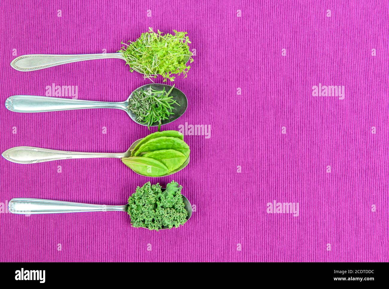 Vitamins - various herbs on spoons Stock Photo