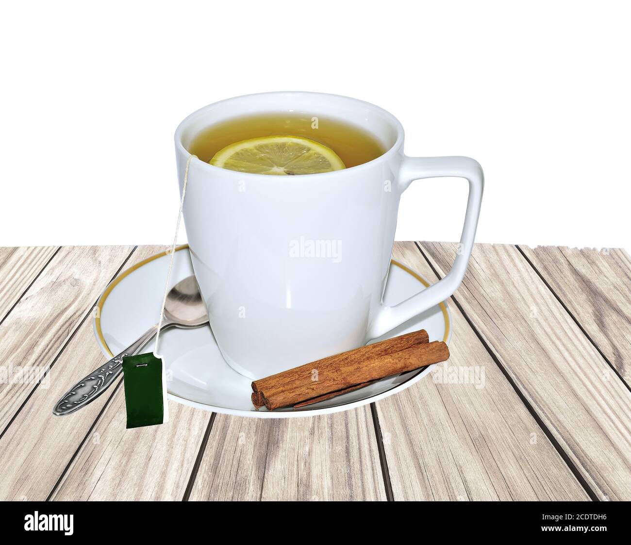 Cup of aromatic cinnamon tea with lemon on a wooden background Stock Photo