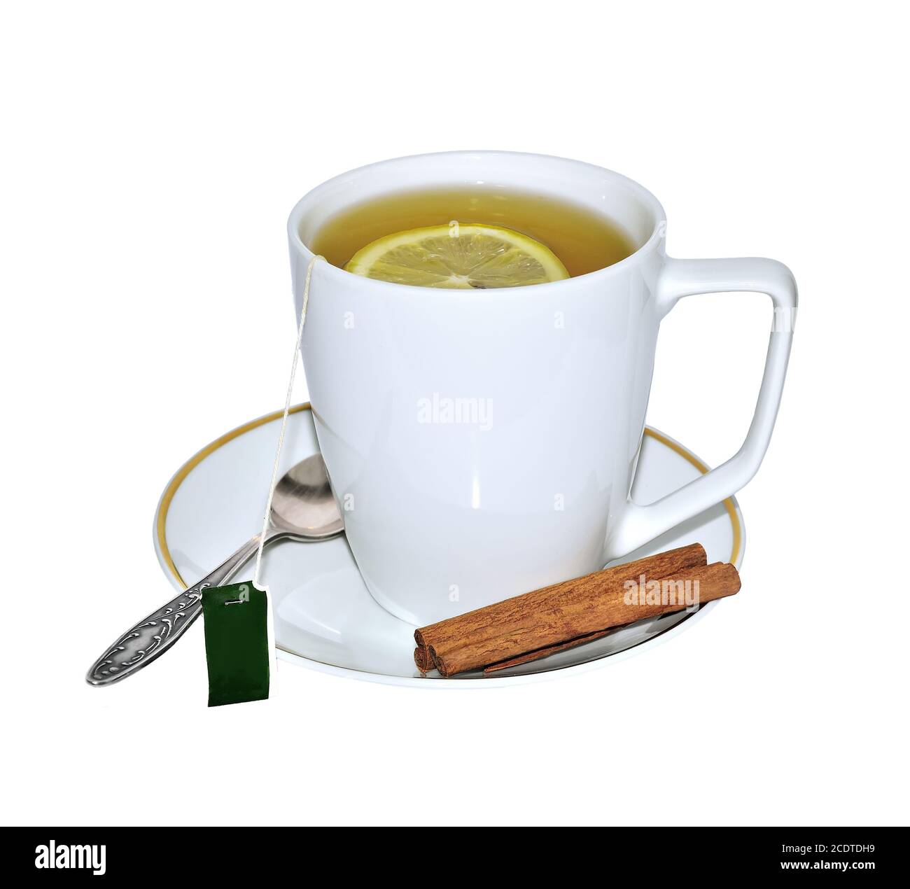 Cup of aromatic cinnamon tea with lemon isolated on white Stock Photo