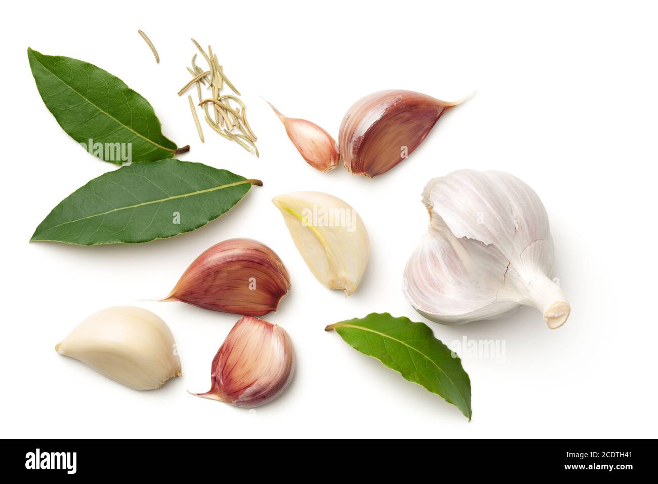 Garlic, Bay Leaves and Dried Rosemary Isolated on White Background Stock Photo Alamy