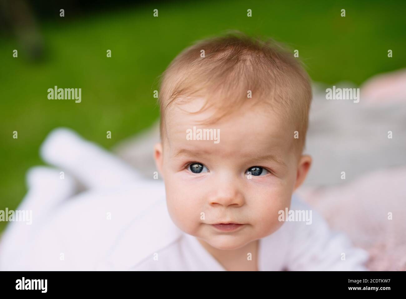 cute baby lies in  park on green grass, concept of walking outdoors, close-up of the head Stock Photo