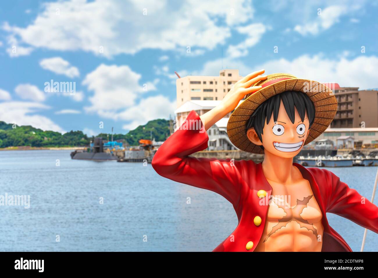 kanagawa, japan - july 19 2020: Close-up on the bust of the real size figurine of the hero Monkey D. Luffy from the manga One Piece by Eiichiro Oda on Stock Photo