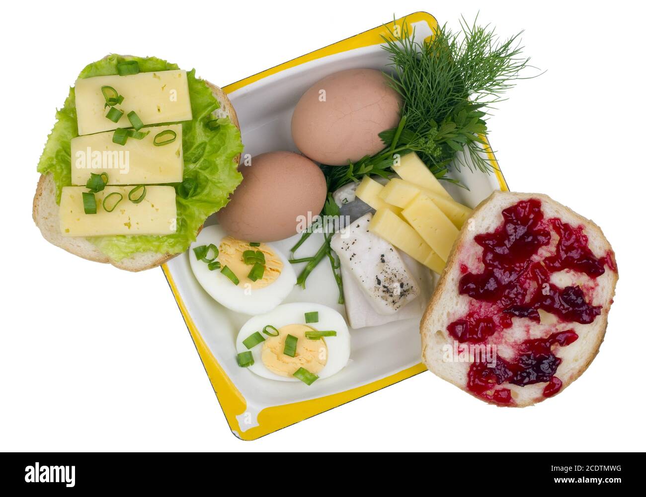 Rural breakfast - healthy fresh and tasty food isolated concept. Eggs Stock Photo