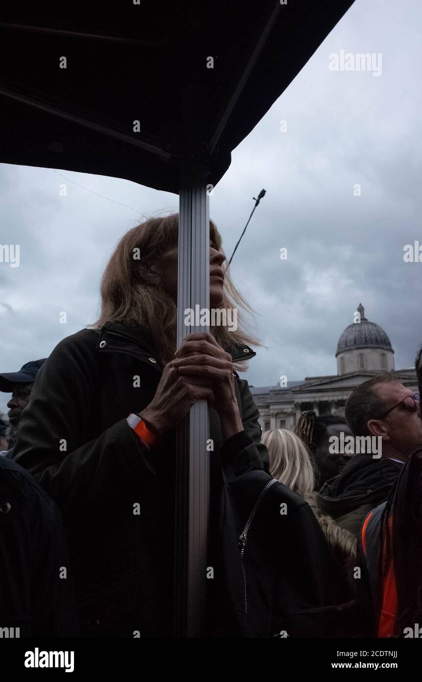 Traflagar Square, London, 29th August 2020. People protest lockdown rules agaist the goverment, bill gates and vaccines. David Icke Stock Photo