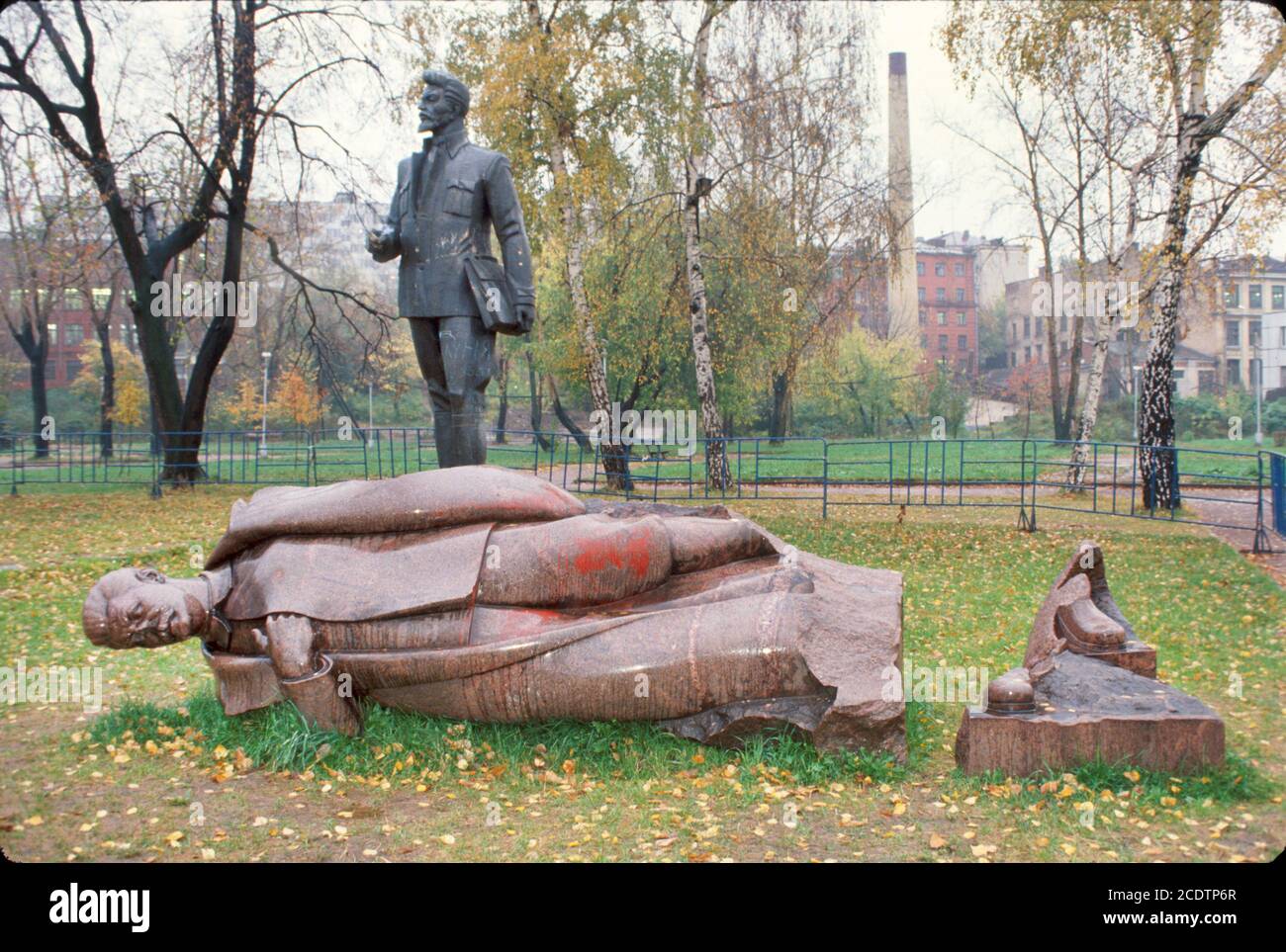 Moscow Russia,Russian Federation,,damaged dictator Joseph Stalin monument statue,Soviet public art,Muzeon Park Fallen Statue Park,knocked over Stock Photo